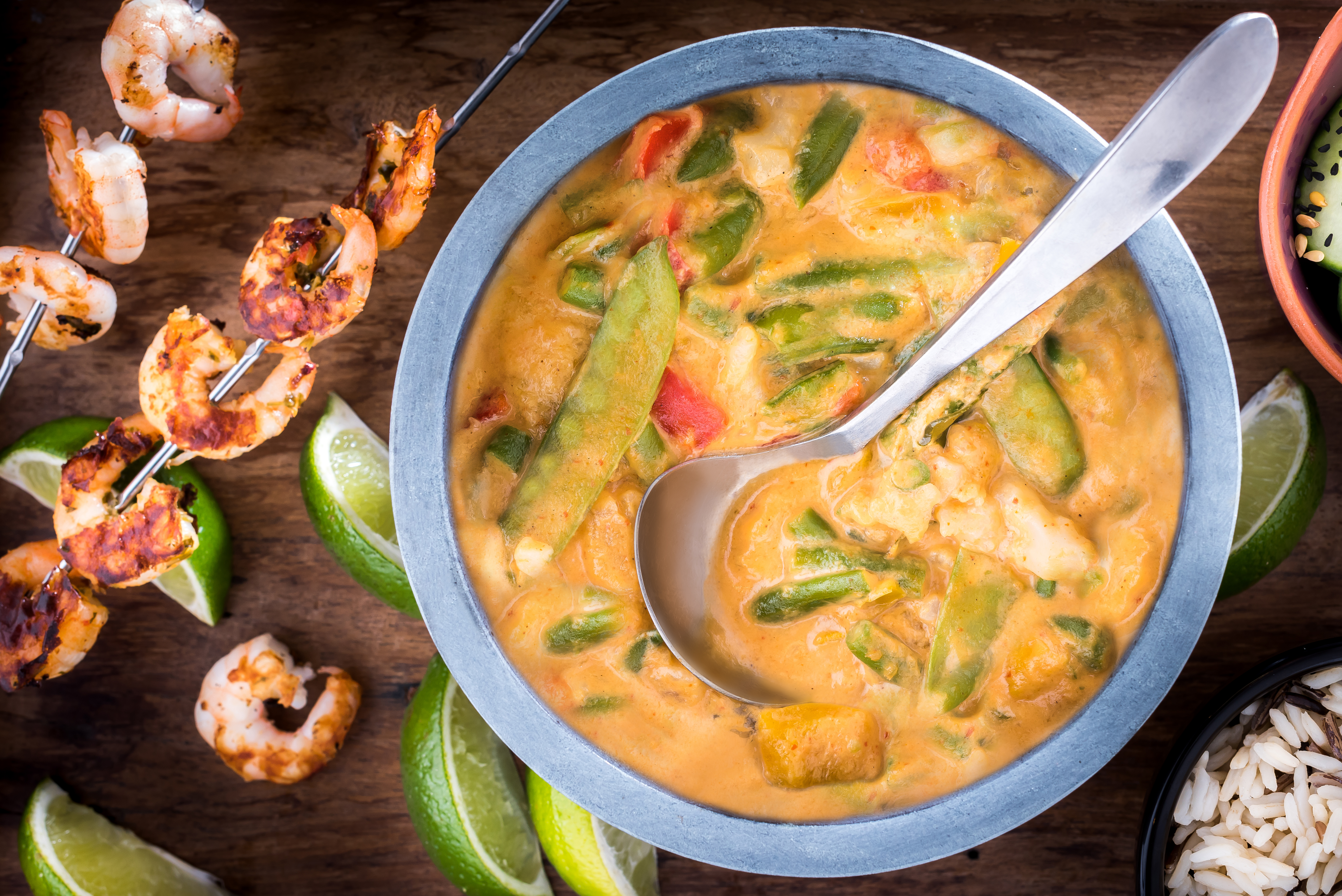 Vegan Penang Curry with prawn skewers