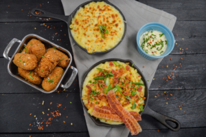 Mac 'n' Cheese Bake fully loaded with bacon and chorizo with Chipotle Mac 'n' Cheese Croquettes