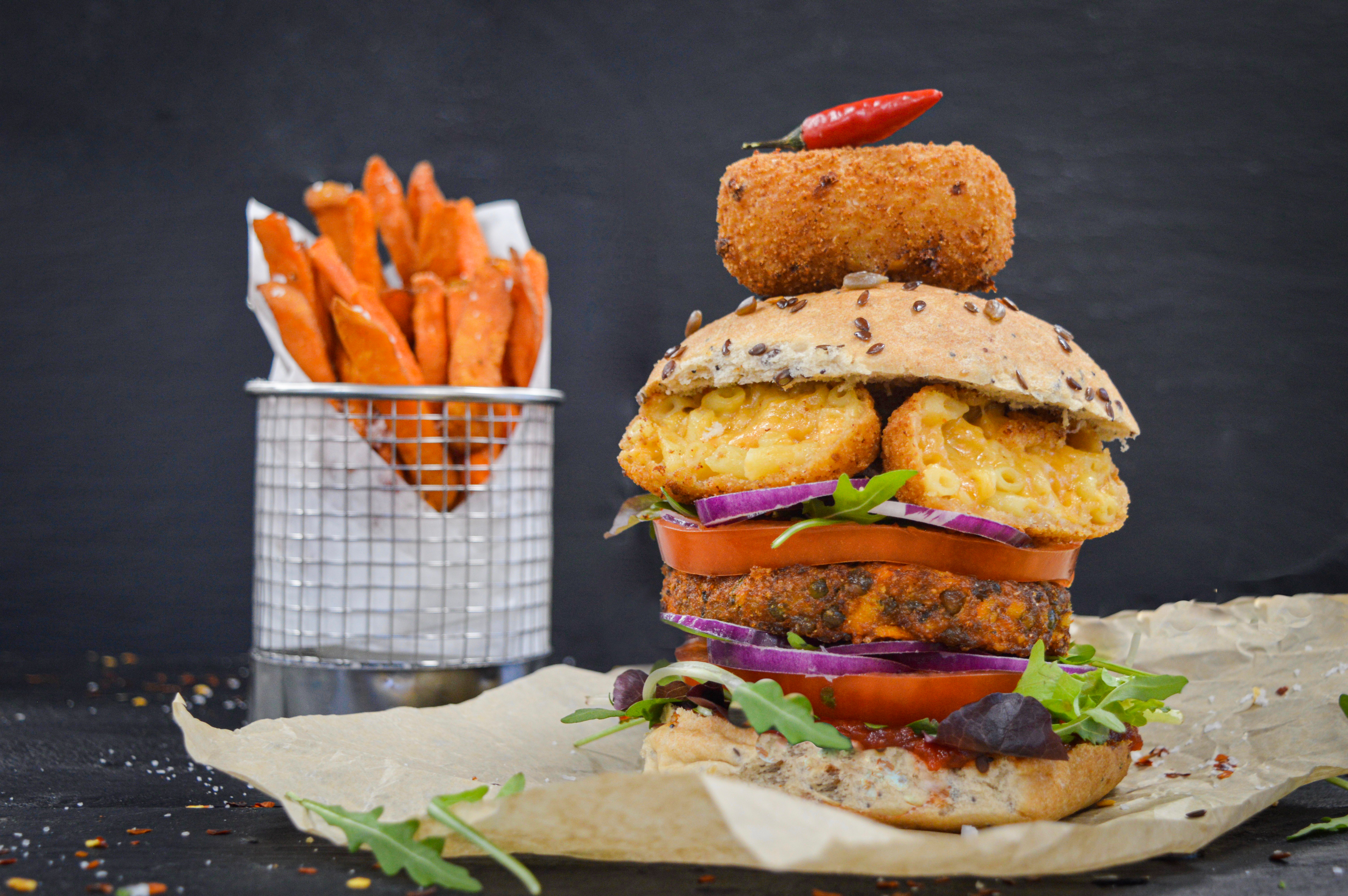 Chipotle Mac 'n' Cheese Croquettes in a Luxury Veggie Burger