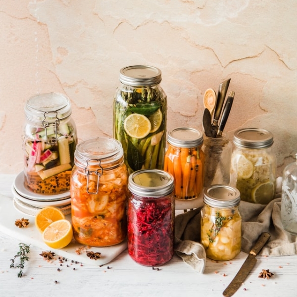 Jars of pickled and fermented vegetables